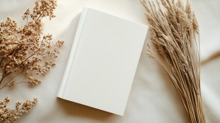 Leinwandbilder - Minimalistic white book mockup styled with dried pampas grass on a soft beige table for elegant branding and design presentations.