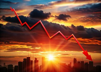 Poster - Silhouette of a falling red graph chart, sunset background, dramatic lighting, business crisis concept