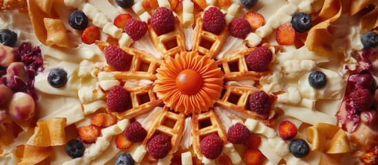 Poster - Colorful arrangement of American waffles with fresh fruits and toppings creating an artistic dessert display for food photography