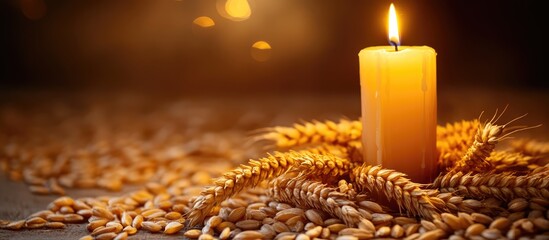 Aufkleber - Wheat grains arranged with a lit candle creating a warm, festive atmosphere perfect for holiday celebrations and Christmas decor.