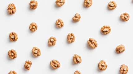 Poster - Walnut kernels neatly arranged on a white background showcasing their natural texture and color in a bird's eye view composition