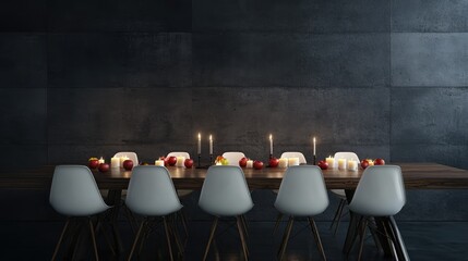 Poster - Elegant white chairs lined at a long wooden dining table adorned with apples and candles against a dark concrete wall setting.
