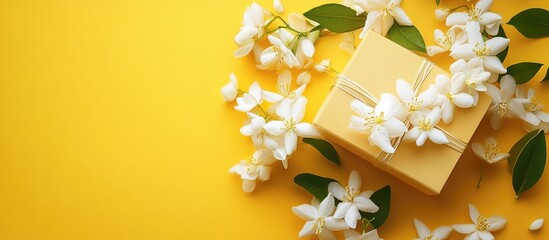 Aufkleber - White jasmine flowers beautifully arranged with a gift box on a bright yellow background creating an elegant springtime aesthetic