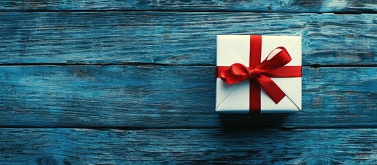 Poster - White gift box with red ribbon on blue wooden surface with empty space for seasonal text and design elements in holiday theme