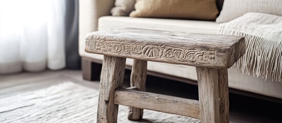 Aufkleber - Weathered wooden stool with intricate carvings perfect for enhancing rustic decor and adding charm to interior spaces