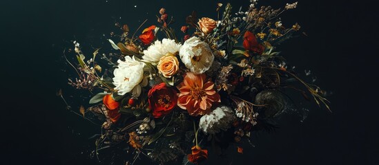 Poster - Elegant bridal bouquet featuring a mix of seasonal flowers in rich colors and textures against a dark background for wedding decor inspiration