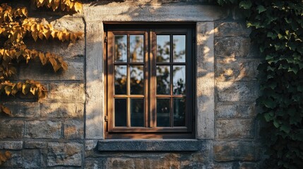Poster - Classic vintage window with wooden frame and stone wall adorned with autumn leaves in warm sunlight