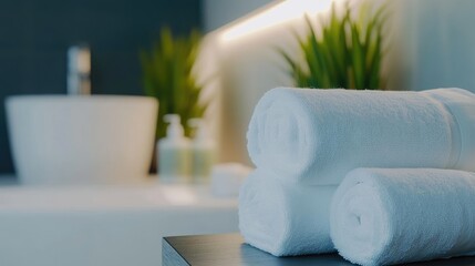 Leinwandbilder - Elegant white towels neatly rolled on a sleek table in a serene hotel spa environment with soft lighting and refreshing greenery.