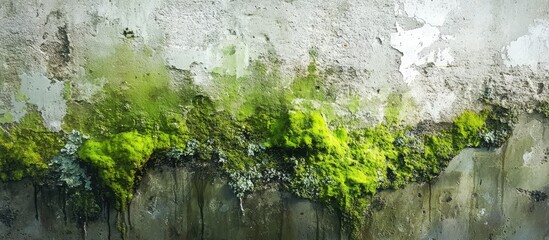Leinwandbilder - Weathered stone wall with vibrant green moss and water stains reflecting nature's resilience and the beauty of aging over time