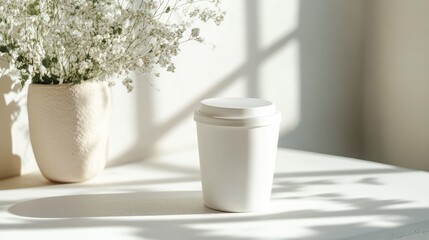 Poster - Ceramic coffee cup mockup with lid on light background complemented by decorative flowers creating a serene atmosphere