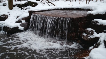 Aufkleber - tranquil winter waterfall cascading over rocks in a serene rainforest setting with snow-covered surr