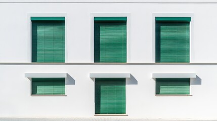 Poster - Elegant white facade featuring green blinds in Abdet town, Alicante province, Spain showcasing minimalist architectural style.