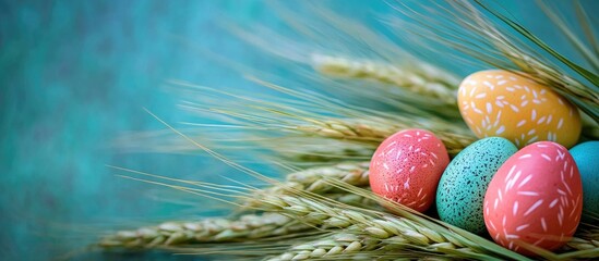 Poster - Easter celebration with vibrant colored eggs nestled in lush green wheat stalks on a textured blue background