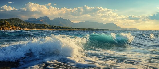 Aufkleber - Waves crashing on a serene beach with majestic mountains and a vibrant sky in the background during golden hour