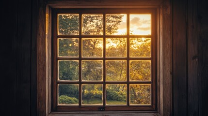 Poster - Sunset view through a vintage classic window highlighting natural lighting and serene outdoor scenery.