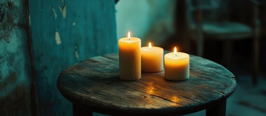 Aufkleber - Cozy ambiance created by vintage style candles on a rustic wooden table for a warm and inviting atmosphere