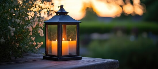 Leinwandbilder - Vintage lantern casting warm candlelight in a serene outdoor setting, capturing nostalgic moments and a cozy ambiance at dusk.