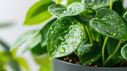 Poster - Close-up of water droplets glistening on lush green leaves of a money plant showcasing natural beauty and freshness indoors
