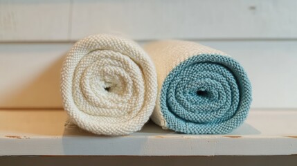 Aufkleber - Rolled white and light blue towels neatly arranged on a shelf showcasing freshness and cleanliness in a cozy bathroom setting