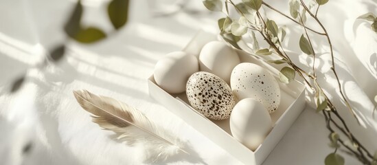 Aufkleber - Easter spring still life mockup featuring quail and hen eggs with feather and greenery in stylish feminine composition on white table