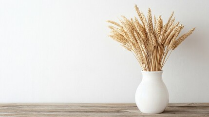 Aufkleber - Dried wheat stalks elegantly arranged in a white ceramic vase on a rustic wooden table against a minimalist white wall backdrop