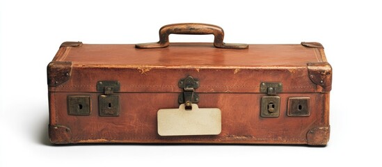 Classic vintage suitcase with a blank name tag ready for travel or decoration isolated on a white background.