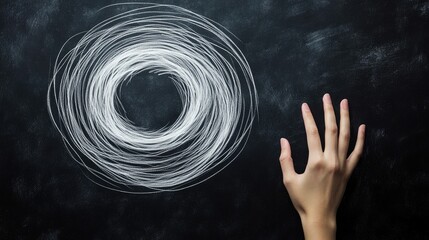 Poster - Chalk hand drawing circular design on blackboard background with human hand reaching towards abstract artistic expression