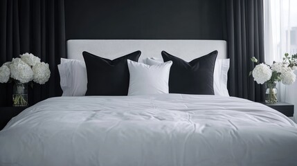 Aufkleber - Elegant bedroom interior featuring black and white pillows on a stylish bed with a fabric headboard and floral arrangements on bedside tables