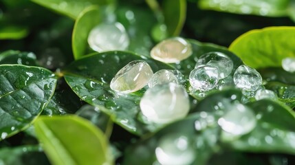 Poster - Water droplets on vibrant green leaves showcasing natural beauty and texture in close-up selective focus photography.
