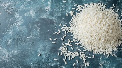 Poster - White rice scattered on a textured grey blue background showcasing grains and culinary ingredients for cooking and recipe design