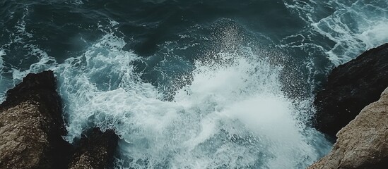Poster - Waves crashing on rocky coastline with dramatic foam and oceanic textures creating a powerful natural scene