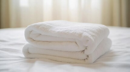 Aufkleber - White towels neatly folded on a hotel bed creating a serene and inviting atmosphere in a luxurious resort setting