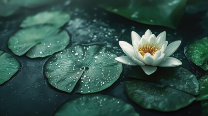 Poster - Serene water lily flower blooming amidst lush green lily pads in tranquil water droplets capturing the essence of nature's beauty