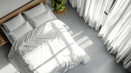 Poster - Minimalist bedroom with white duvet cover and bright natural light creating a serene atmosphere, aerial view showcasing comfort and elegance.