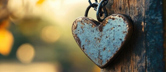 Aufkleber - Rusty heart-shaped wedding locks hanging on an iron chain against a rustic wooden board with a soft blurred background ambiance.