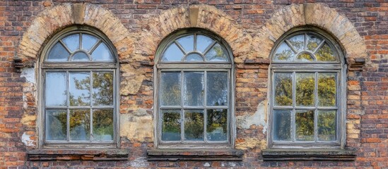 Poster - Weathered ancient windows in rustic bricks highlighting architectural history and timeless charm of aged structures