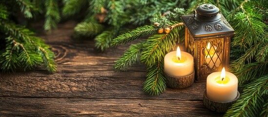 Aufkleber - Warm festive scene with candles fir branches and lantern on rustic wooden table ideal for creating a cozy holiday atmosphere