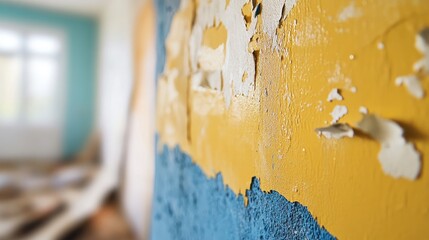 Aufkleber - Interior wall with peeling yellow and blue paint during home renovation showcasing texture and condition of aging surfaces