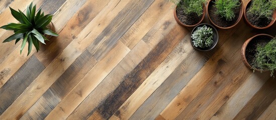 Aufkleber - Rustic hardwood floor showcasing unique grain patterns complemented by potted plants for charming interior decor inspiration.
