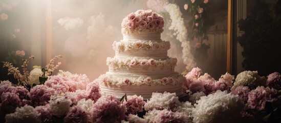 Poster - Elegant three-tier wedding cake adorned with pink floral decorations surrounded by soft pastel blooms in a romantic setting.