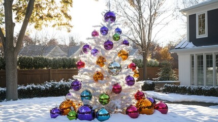 Poster - White Christmas tree adorned with vibrant ornaments in a snowy outdoor setting showcasing festive holiday spirit.
