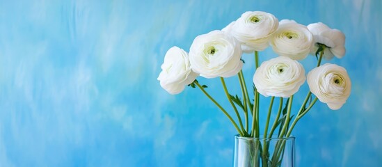 Leinwandbilder - White ranunculus flowers elegantly arranged in a clear glass vase set against a serene blue background creating a tranquil atmosphere