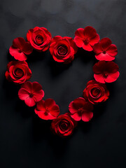 Poster - Romantic Red Rose Petals Form A Heart Shape Against A Dramatic Black Stone Background Banner With Elegant Simplicity. 00002