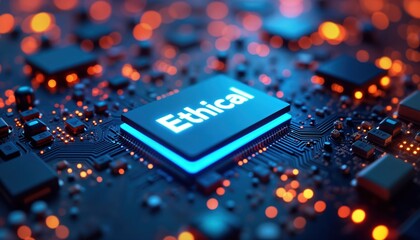 Poster - Futuristic circuit board with glowing neon lights. Ethical AI chip highlights moral considerations in tech development. Advanced tech with digital components. Modern cybernetic innovation. Complex