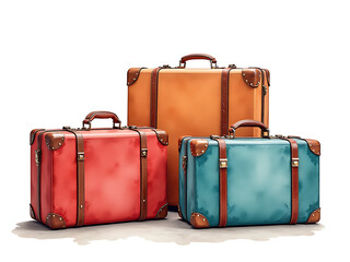 Poster - Retro Vintage Three Suitcases Painted In Watercolors With Isolated White Background On A Transparent Png Image Generated By Ai. 00002