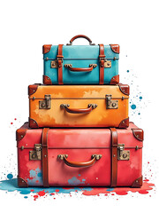 Poster - Retro Vintage Three Suitcases Depicted In A Colorful Watercolor Splatter Painting Style With An Isolated White Background Effect. 00002
