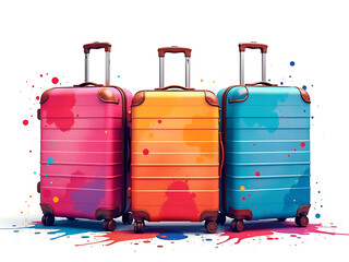Poster - Retro Three Suitcases Splattered With Watercolors In A Vibrant And Isolated Design Generated By Artificial Intelligence On A White Background. 00002