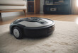 © ArtisticLens - Wireless futuristic vacuum hoover cleaning machine robot on schedule in a living room with HUD datum
