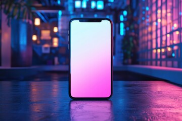 Poster - Vibrant smartphone display glowing with gradient colors in a modern indoor setting during evening hours