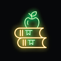 Poster - Neon sign representing two books with an apple on top, symbolizing knowledge and education